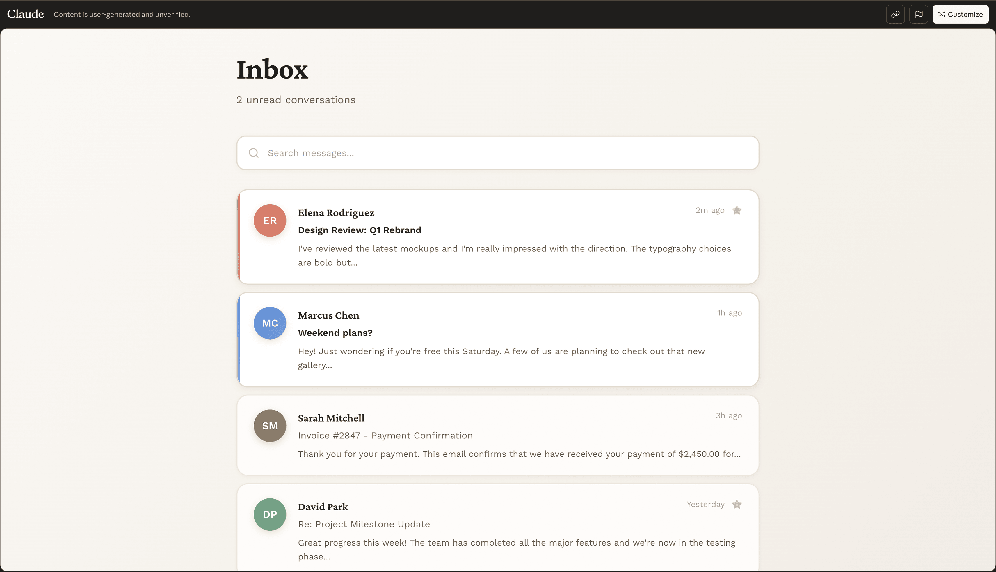 A default inbox UI created by Claude