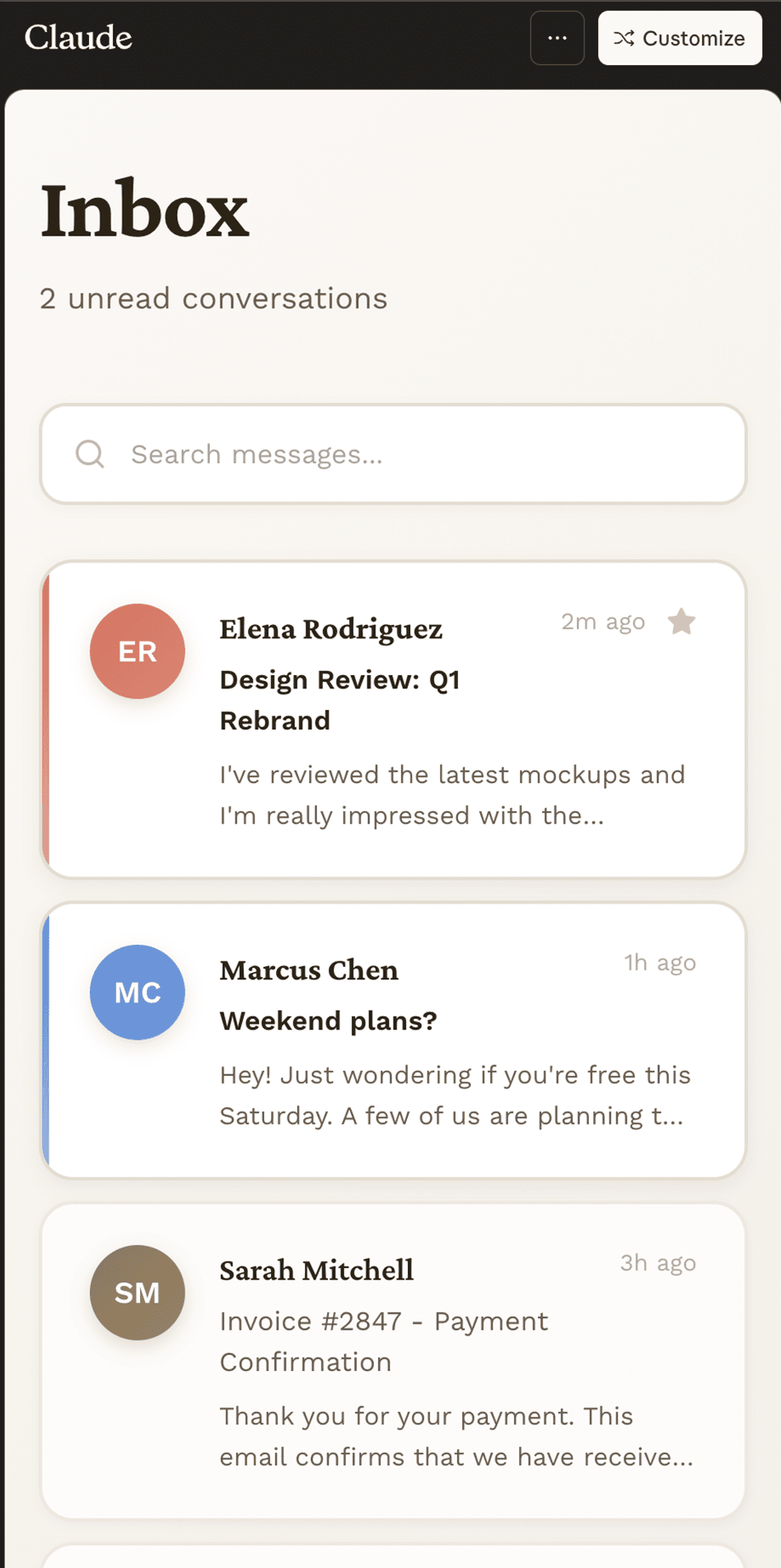 A default inbox UI created by Claude